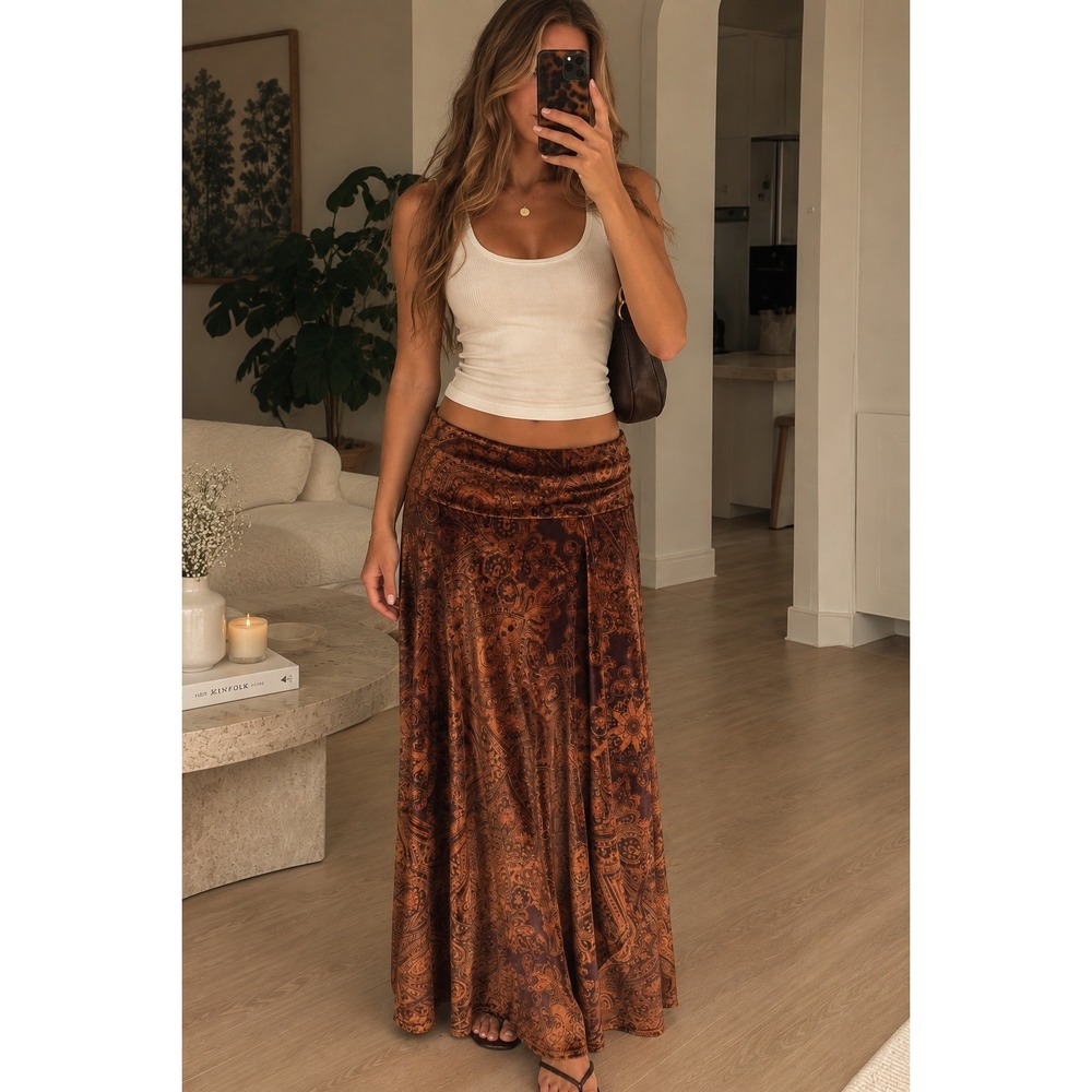 Vintage Coldwater Creek Fall Low Rise Maxi Skirt XS Brown Paisley Stretch Velvet